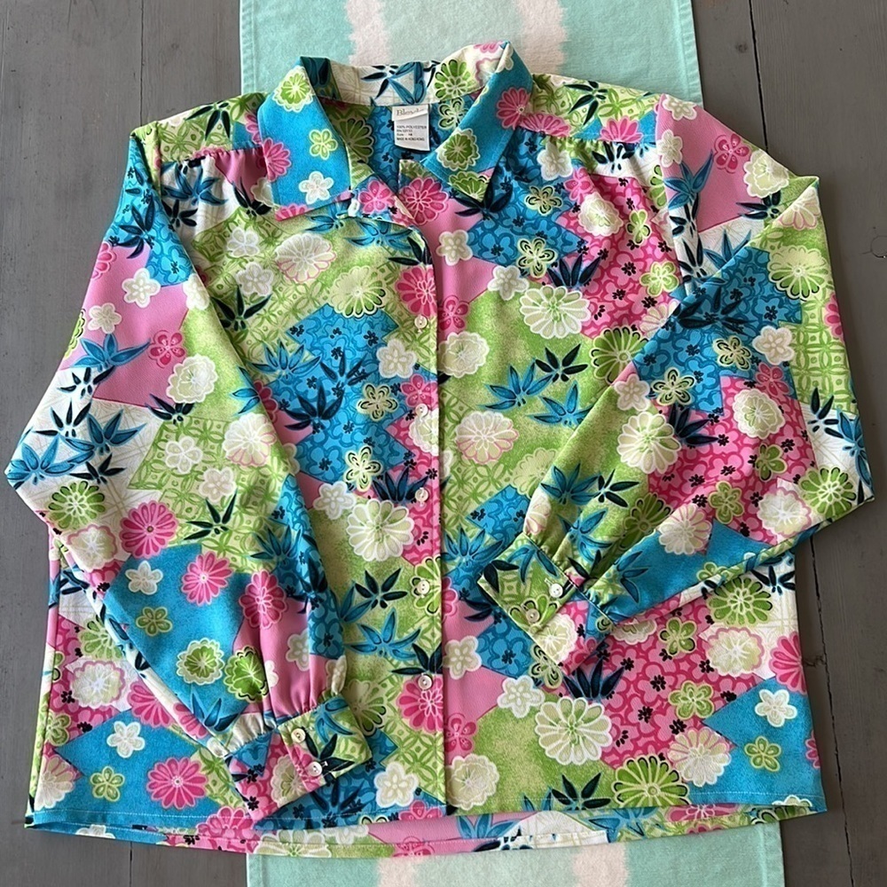 Vintage Bleyle Bright Floral Long Sleeve Button-Down Blouse Size 18 - Picture 7 of 11